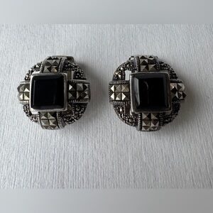 Sterling Silver 925 Diamond Cut Onyx Earrings Clip On